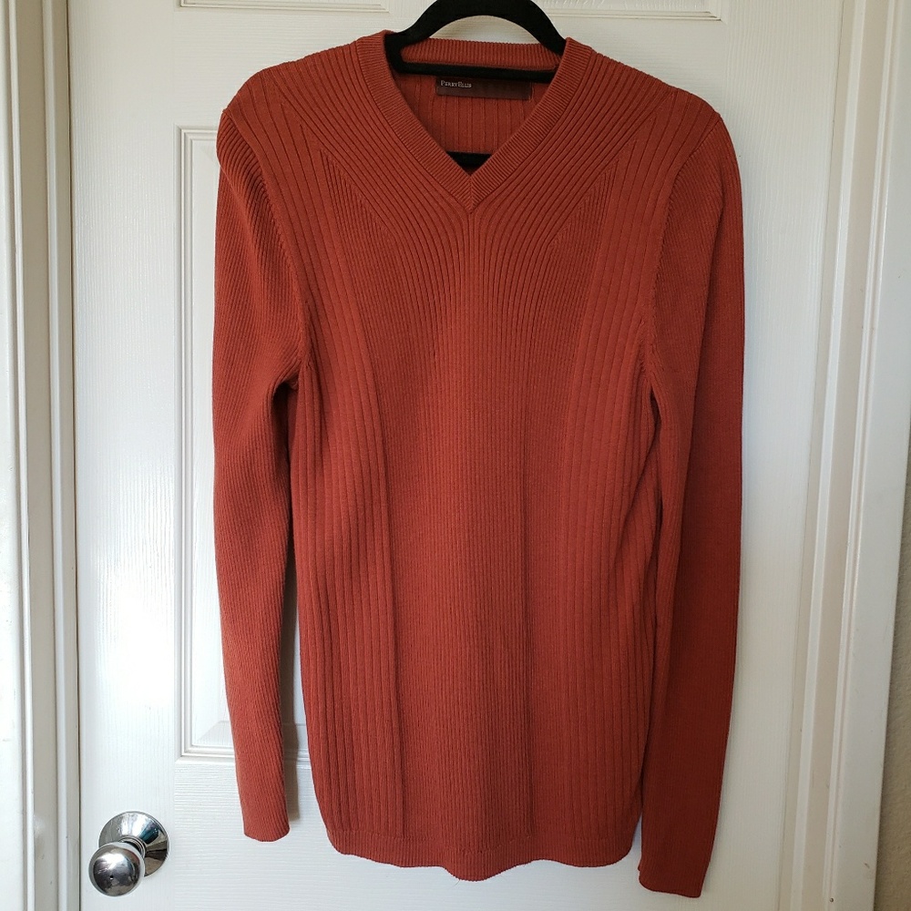 Perry Ellis Burnt Orange Ribbed V-Neck Sweater